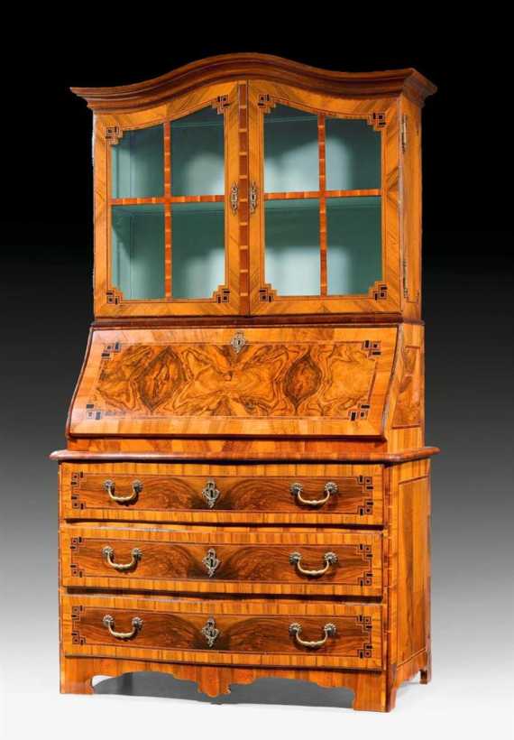 Appraisal: BUREAU CABINET WITH VITRINE Baroque Bern th century Walnut burlwood