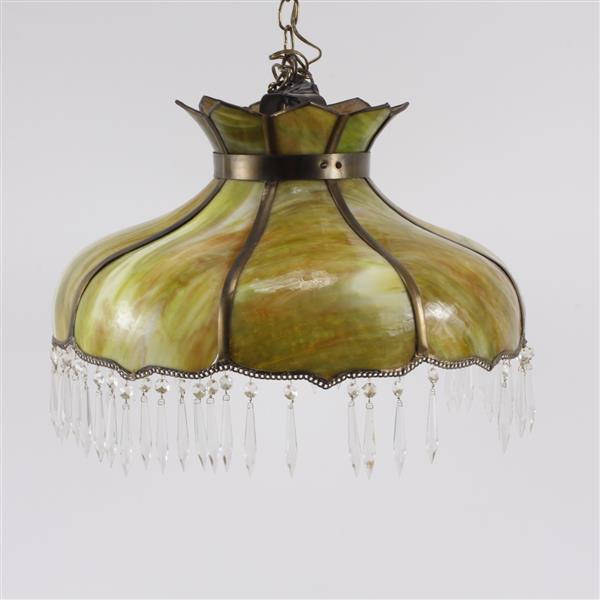 Appraisal: Green slag glass hanging light shade with prisms Many missing