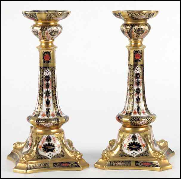 Appraisal: PAIR OF ROYAL CROWN DERBY PORCELAIN CANDLESTICKS Old Imari pattern