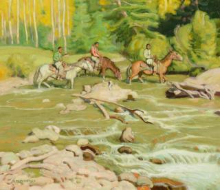 Appraisal: E Martin Hennings - Crossing the Streamoil on canvas laid