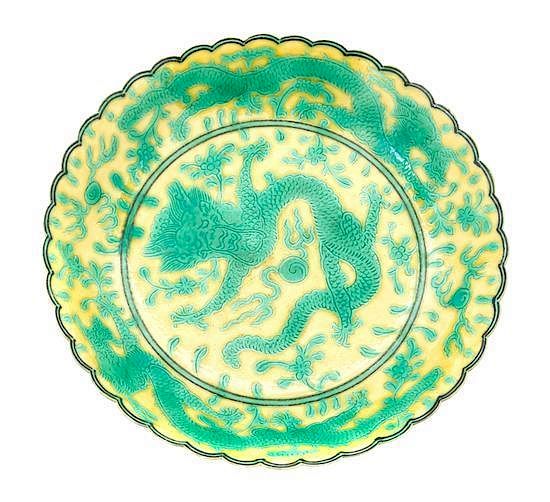 Appraisal: A Yellow and Green Glazed Porcelain Saucer Diameter inches A