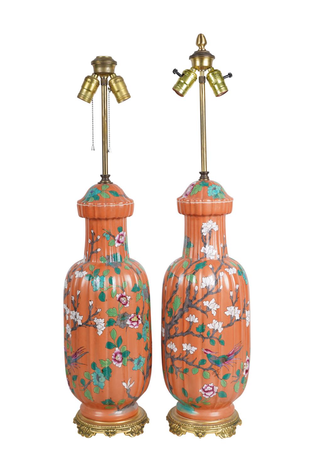 Appraisal: PAIR OF CHINESE STYLE PORCELAIN GILT MOUNTED TABLE LAMPS inches