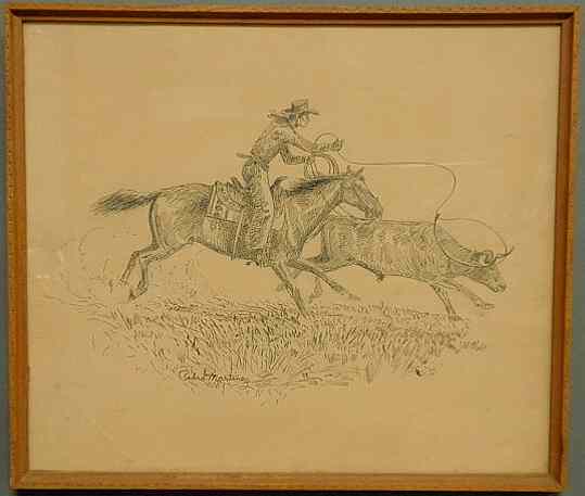 Appraisal: Pen and ink drawing of a cowboy roping a steer