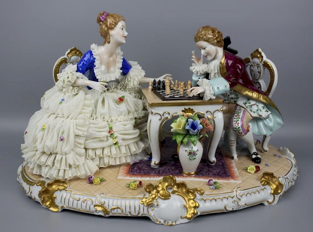 Appraisal: Unterweissbach Figurine Couple Playing Chess MANUFACTURE Unterweissbach GERMANY NAME Couple