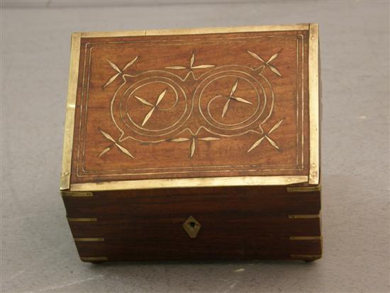 Appraisal: Mahogany and brass inlaid apothecary's box with six bottles h