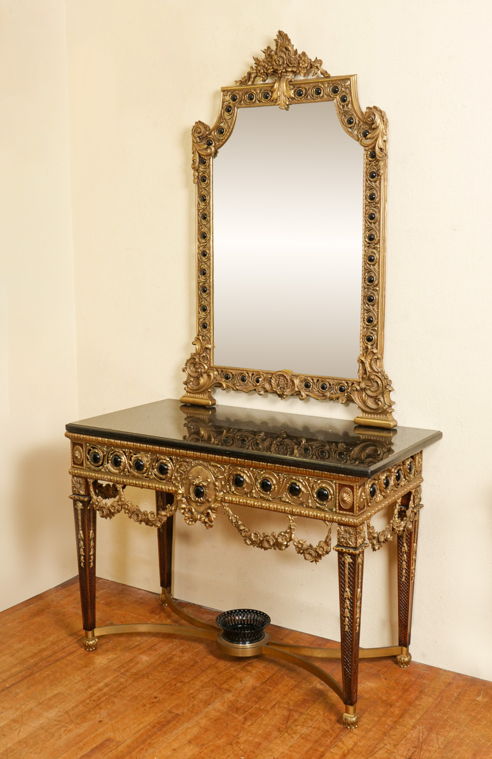 Appraisal: METAL MOUNTED MARBLE TOP CONSOLE TABLE MIRROR Both having an