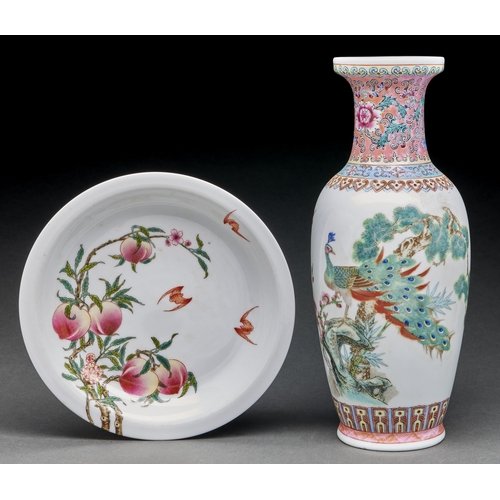 Appraisal: A Chinese famille rose peaches and bats dish cm diam