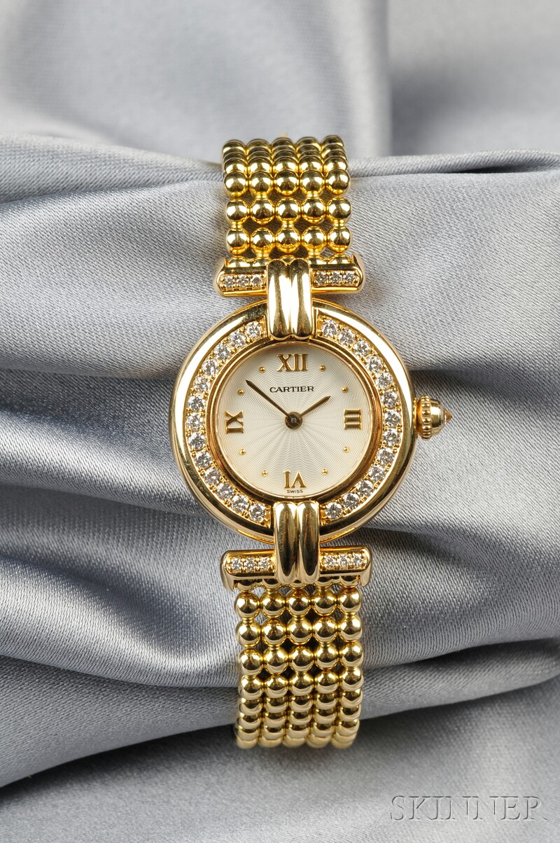 Appraisal: kt Gold and Diamond Colisse Wristwatch Cartier the ivory-tone guilloche