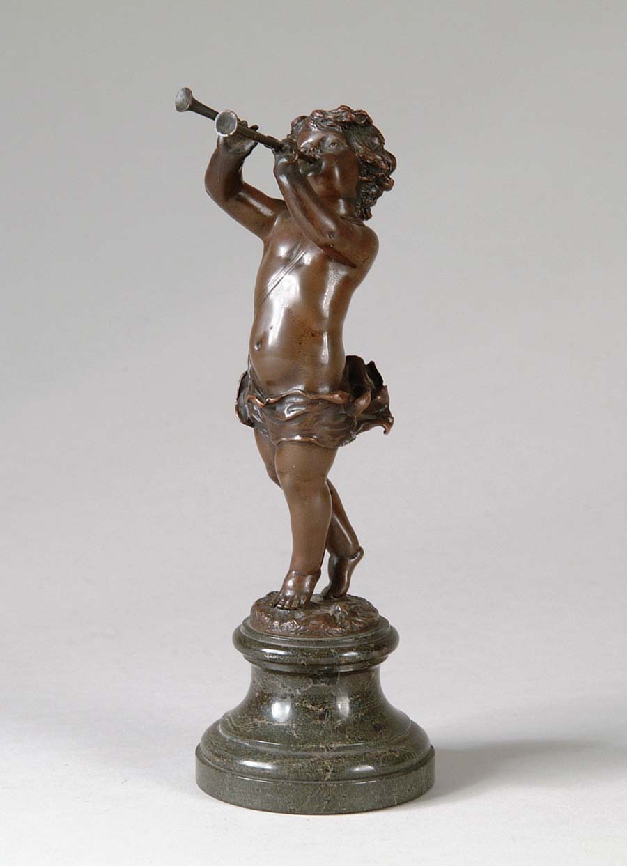 Appraisal: BRONZE CHERUB Delightful bronze cherub is playing a loot while