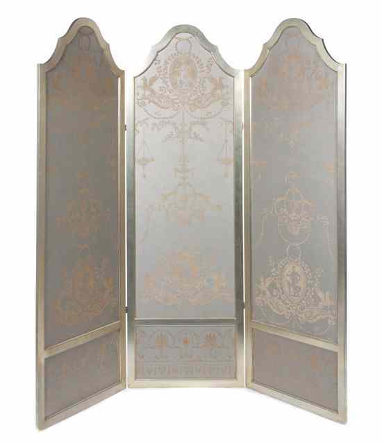 Appraisal: A Silvered Three-Panel Floor Screen each rectangular domed panel inset