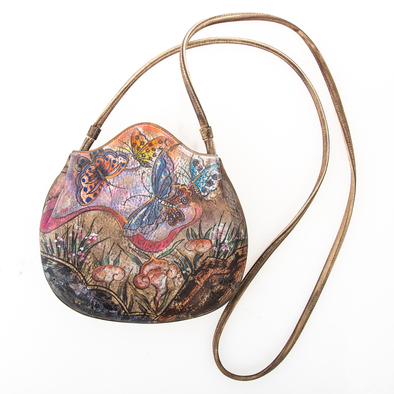 Appraisal: JANE YOO HAND-PAINTED LEATHER WEARABLE ART BAG in H in