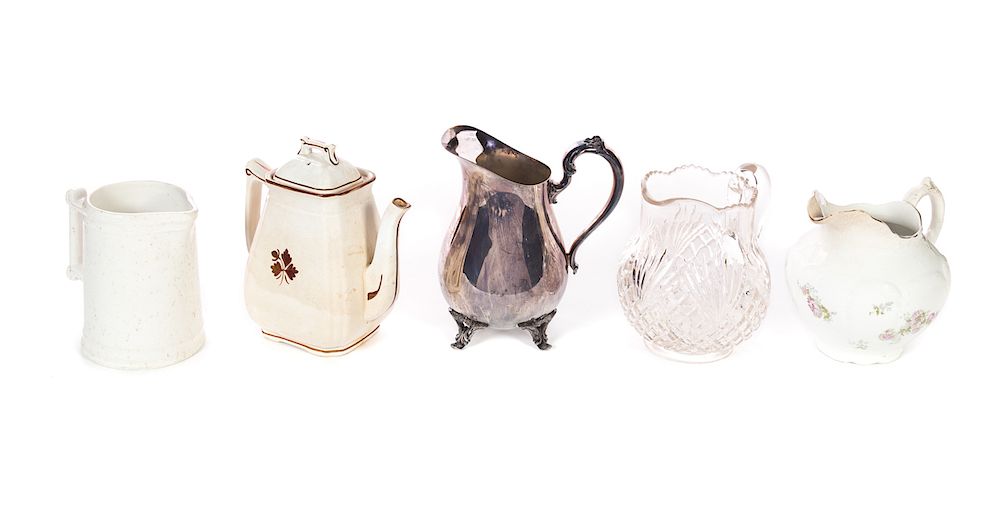 Appraisal: Antique Water Pitchers and Tea Leaf Tea Pot Measures tall