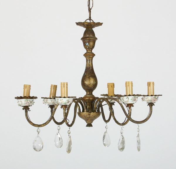 Appraisal: Antique wooden and metal chandelier with porcelain accents applied floral