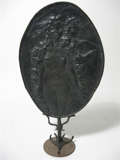 Appraisal: Oval bronze plaque on stand Depicting female nude and a