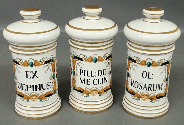 Appraisal: - Three Paris porcelain apothecary jars with gilt decorated lids