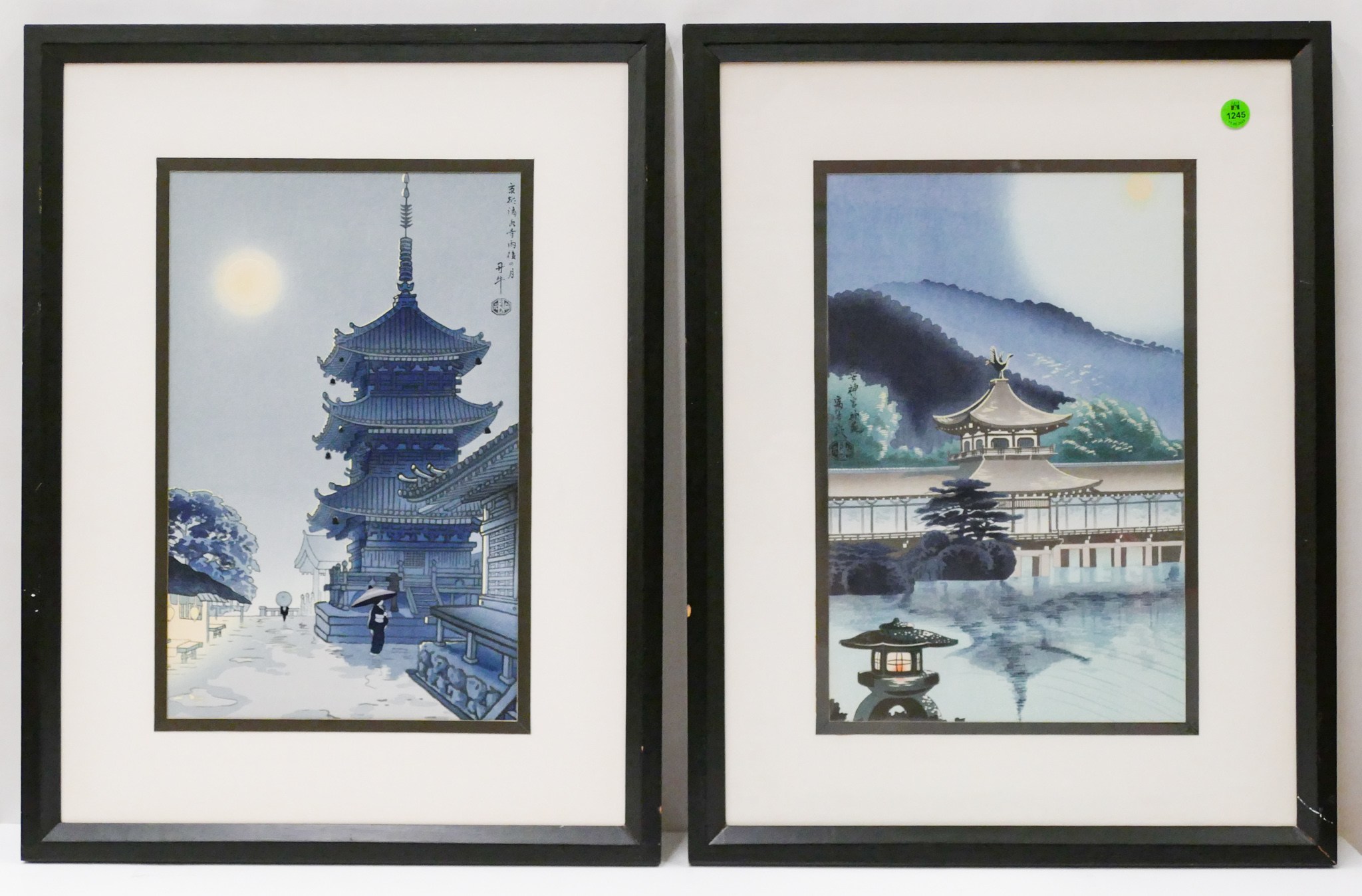 Appraisal: Pair Vintage Japanese Woodblock Temple Prints Framed ''x ''