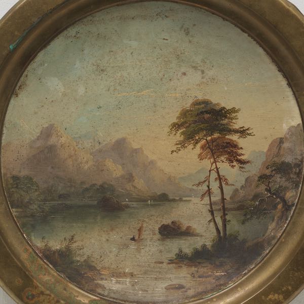 Appraisal: ENGLISH SCHOOL TH CENTURY Landscape with lake Oil on brass