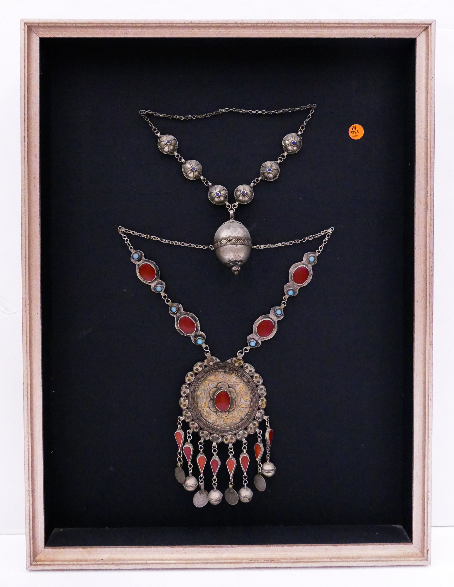 Appraisal: pc India Carnelian Lapis Necklaces in Shadowbox Frame- x ''