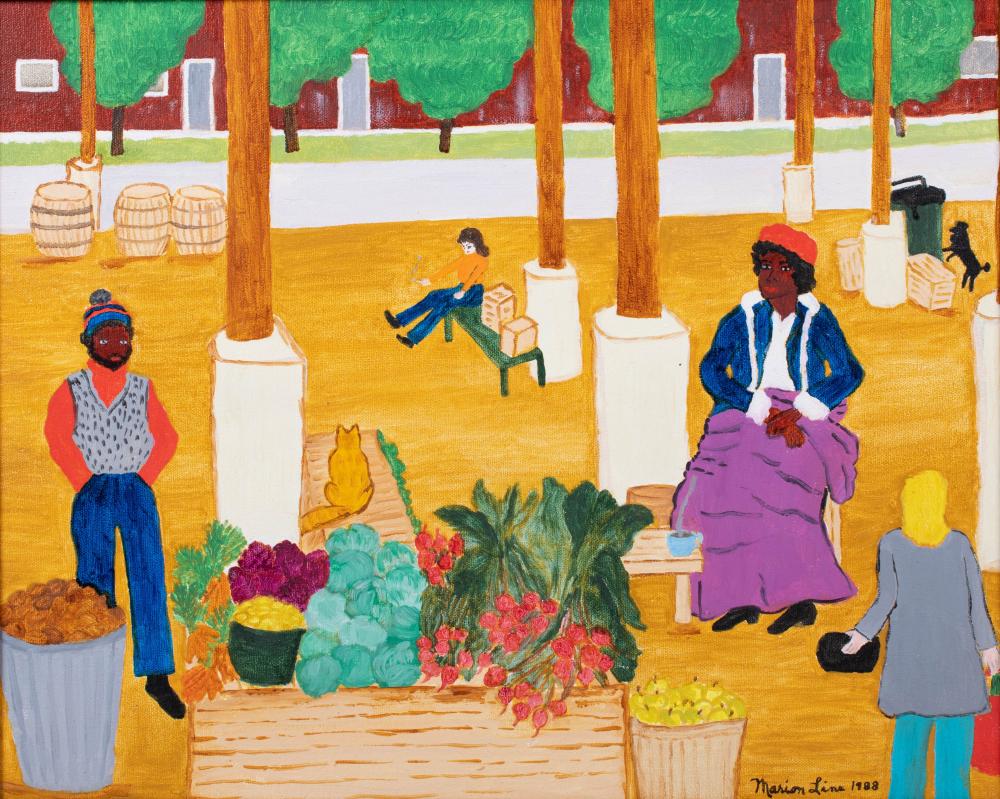 Appraisal: MARION LINE AMERICAN TH CENTURY GOING TO MARKET Acrylic on