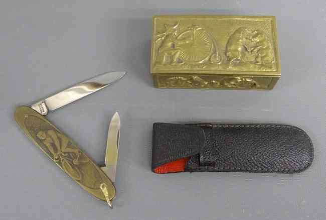 Appraisal: Lot including '' pocket knife with cyclist and '' with