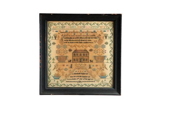 Appraisal: SAMPLER Elizabeth Taylor England silk on wool House flanked by