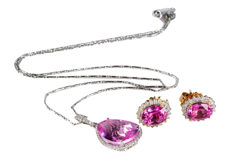 Appraisal: SUITE OF GOLD DIAMOND SYNTHETIC PINK SAPPHIRE JEWELRYcomprising a necklace