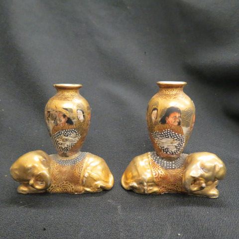 Appraisal: Pair of Japanese Satsuma Pottery Miniature Vases figural foo dog