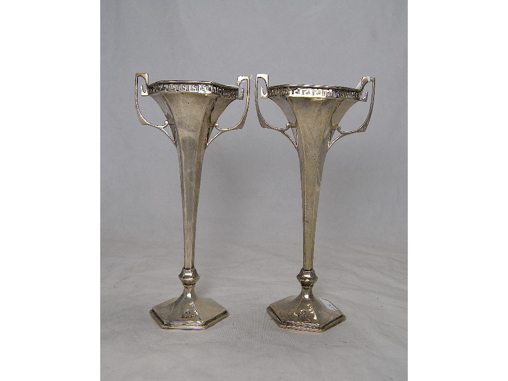 Appraisal: Pair of Edwardian silver trumpet style vases with pierced gallery