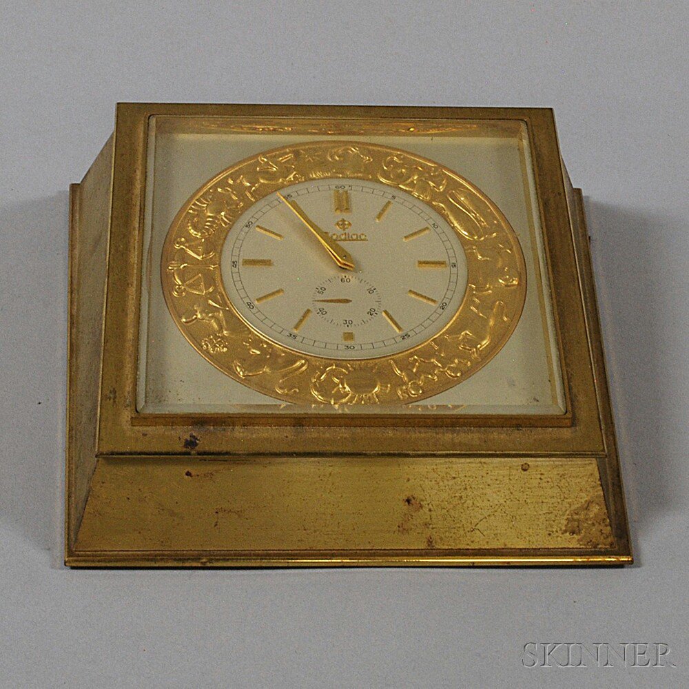 Appraisal: Brass and Glass Zodiac Desk Clock mid- th century the