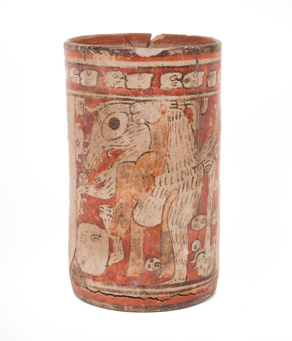 Appraisal: Pre-Columbian Painted Pottery Vessel probably Maya cylindrical body painted with