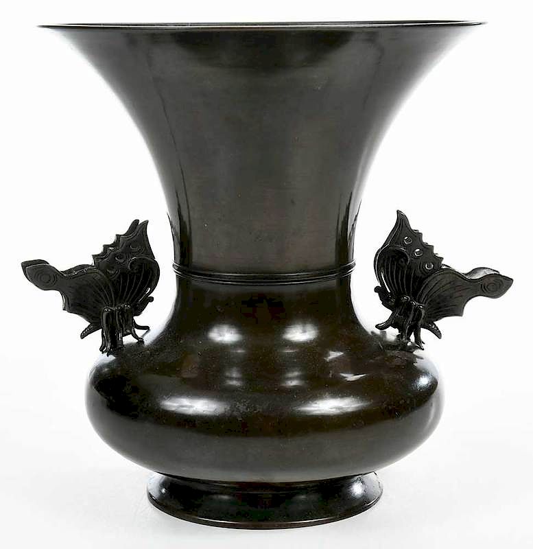 Appraisal: Bronze Vase with Butterfly Handles Asian th century butterflies are