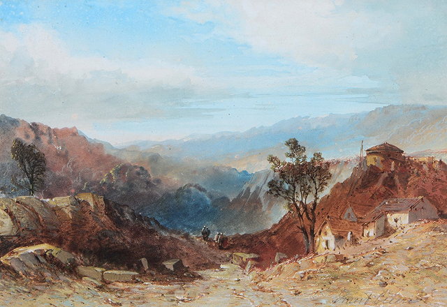 Appraisal: TH CENTURY BRITISH SCHOOLA mountain landscape with figures indistinctly signed