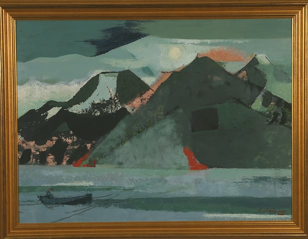 Appraisal: Mountain landscape with boat oil on board x SLR C