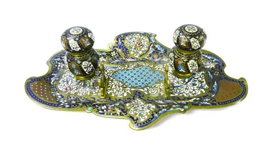 Appraisal: Cloisonn double ink well on shaped charger with pen tray