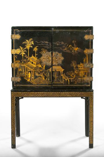 Appraisal: Georgian-Style Japanned Cabinet-on-Stand th century of rectangular form the two