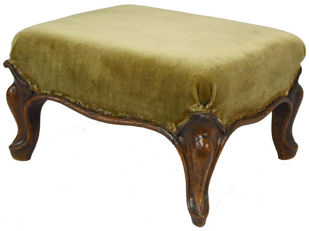 Appraisal: Victorian mahogany framed stuff-over upholstered footstool with squat carved cabriole