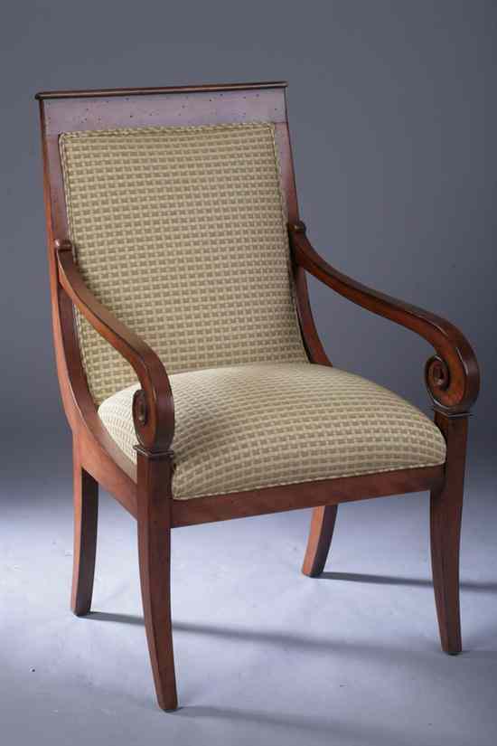 Appraisal: CONTEMPORARY FRUITWOOD EMPIRE-STYLE FAUTEUIL with grey-gold grid upholstery