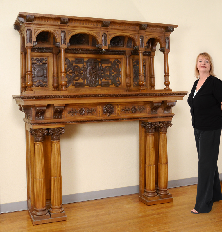 Appraisal: LARGE CARVED OAK FIREPLACE SURROUND Heavily carved canopy top with