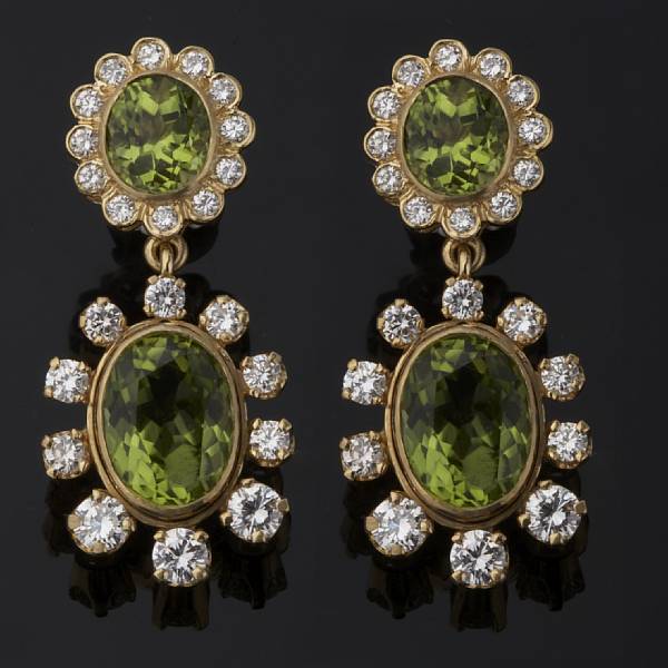 Appraisal: A pair of peridot and diamond earrings estimated total diamond