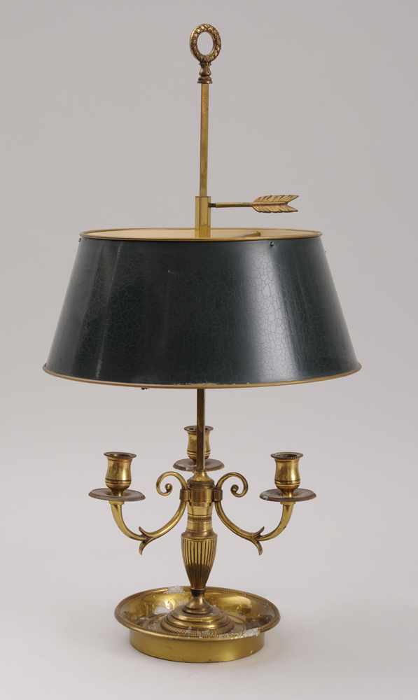 Appraisal: LOUIS XVI STYLE BRASS THREE-LIGHT BOULIOTTE LAMP The reeded urn