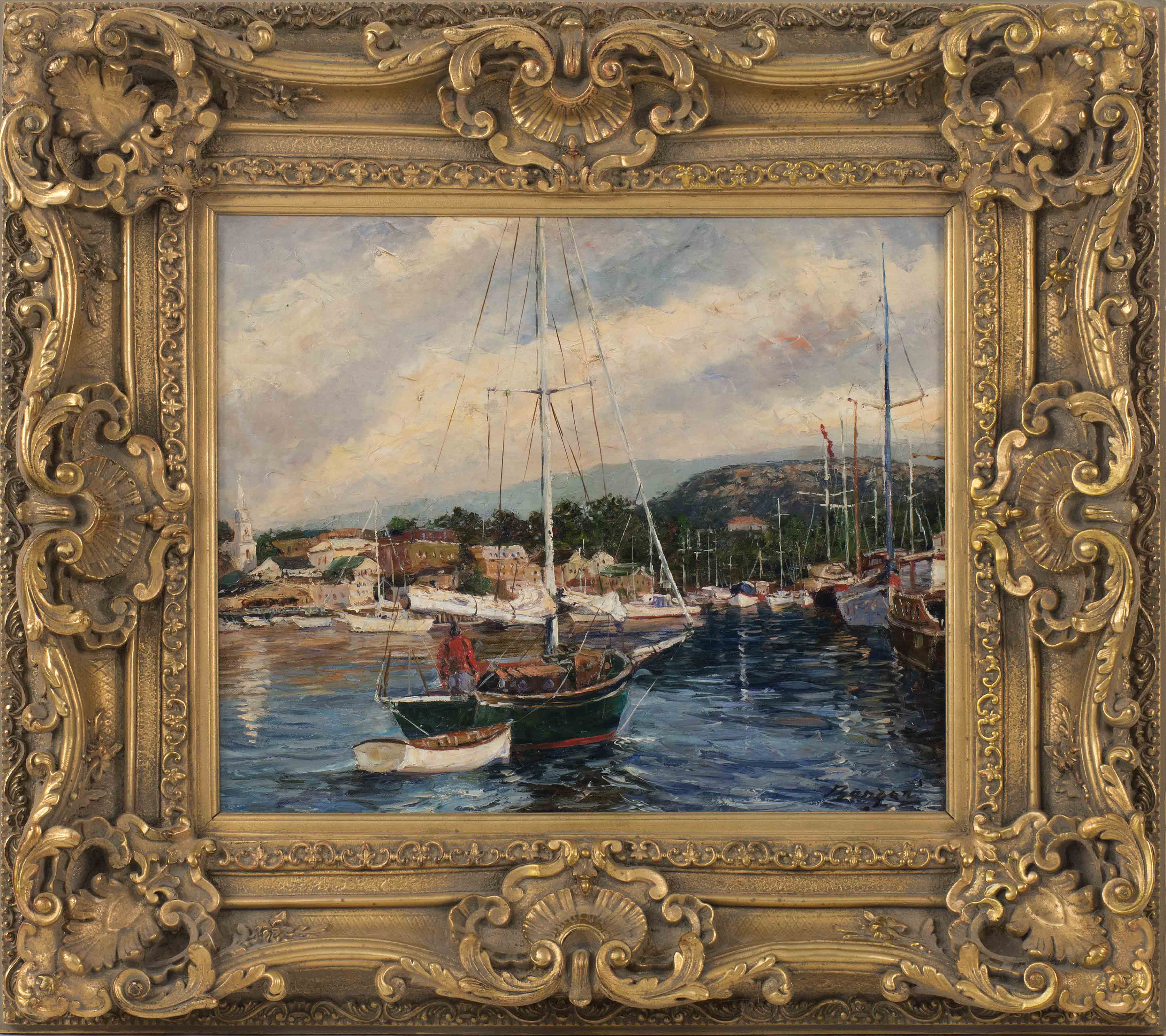 Appraisal: FRAMED PAINTING UNTRACED ARTIST ContemporaryA green-hulled sailboat entering a harbor