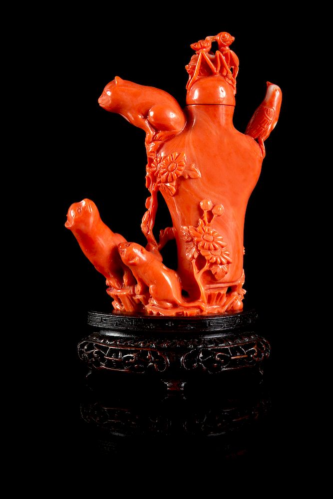 Appraisal: A Carved Red Coral Snuff Bottle Height overall in cm