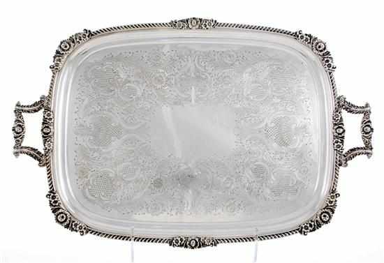 Appraisal: English silverplate serving tray gadroon and floral border centering decorated