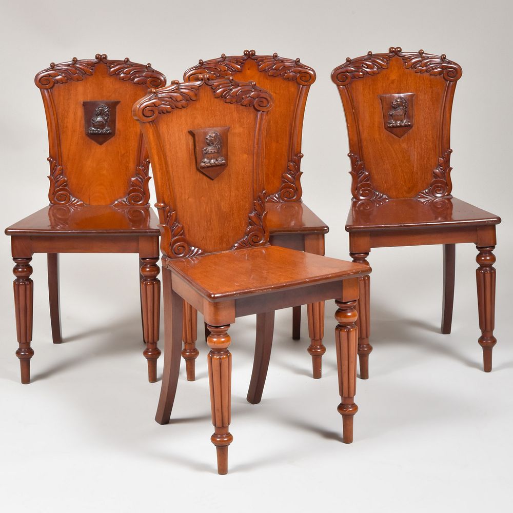 Appraisal: Set of Four Regency Style Mahogany Crested Hall Chairs x