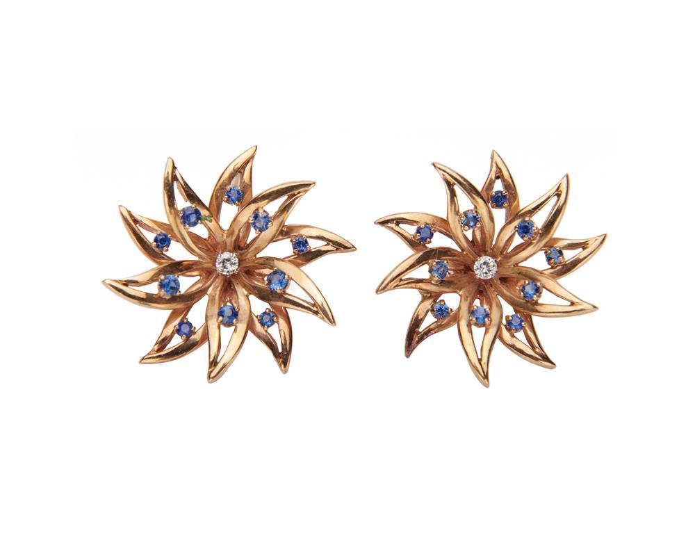 Appraisal: K Gold Sapphire and Diamond Earrings the floral-form earrings each