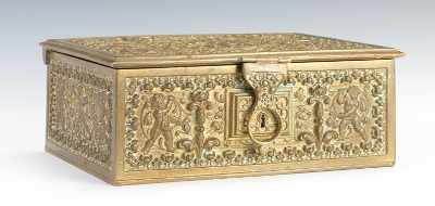 Appraisal: A Continental Brass Jewelry Casket Brass casket decorated in medium