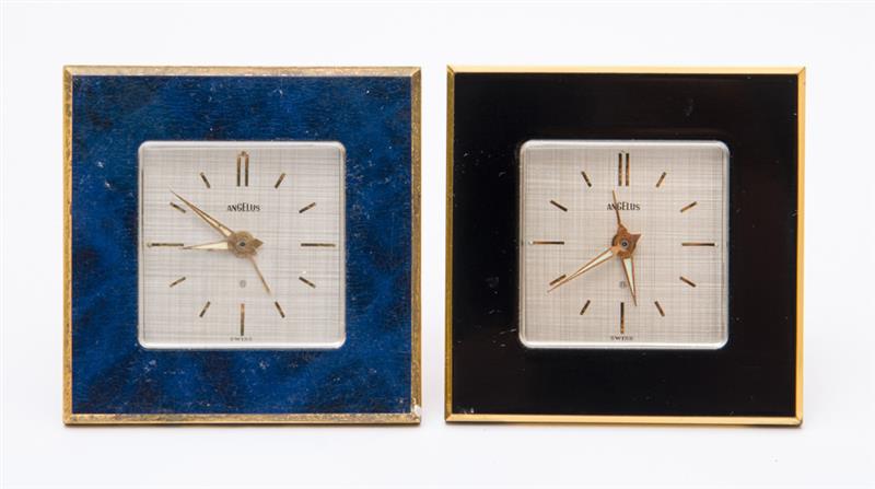 Appraisal: Two Swiss Angelus Lacquer and Gilt-Metal Travel Clocks Each square