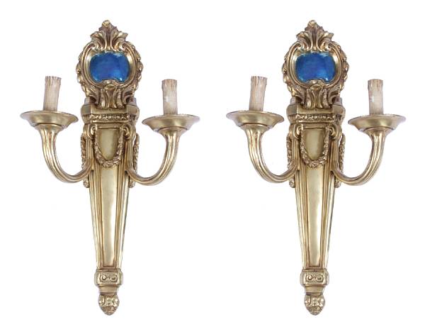 Appraisal: A pair Louis XVI style gilt bronze two light sconces