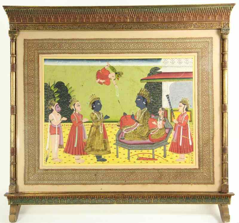 Appraisal: Antique Persian Tempera PaintingSafavid style pavilion court scene gouache on