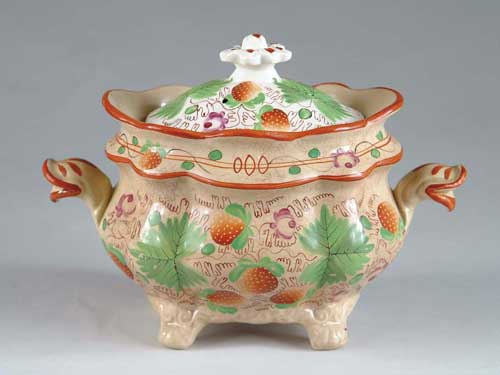 Appraisal: STRAWBERRY LUSTRE COVERED SUGAR BOWL Bird head handles body decorated